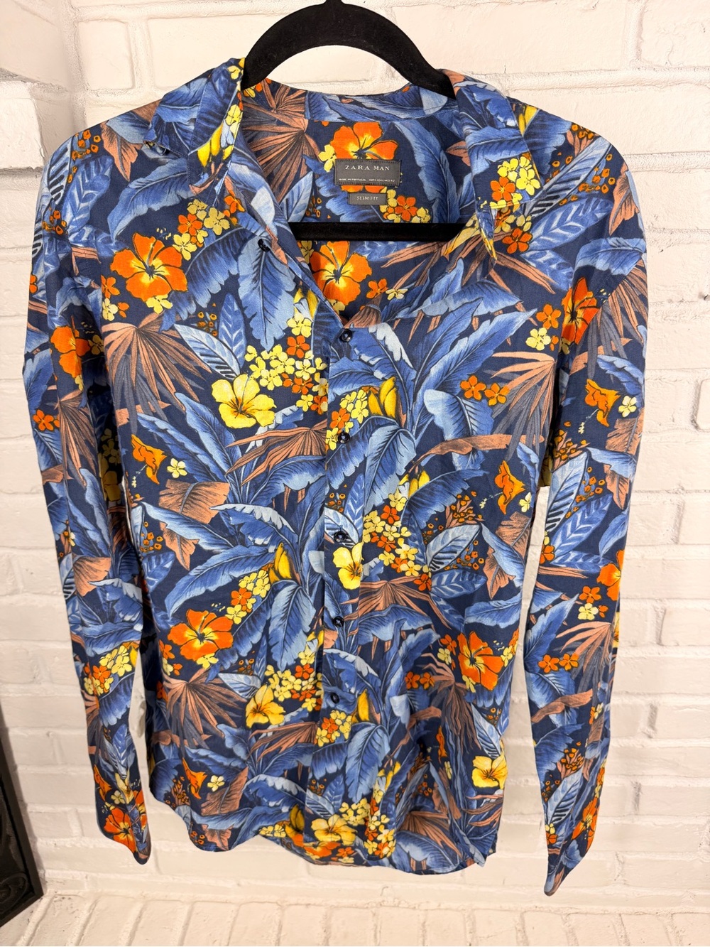 Zara Man Slim Fit Tropical Floral Button Front Shirt Blue Orange EU 42